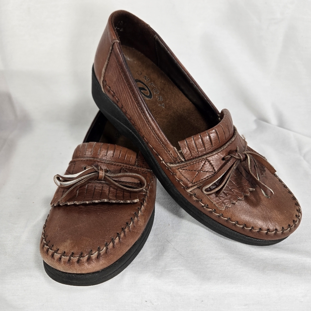 Dexter Loafer Brown Leather Shoe with Tassel Raised Wedge Heel Women's 7.5 N
